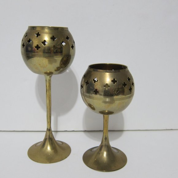 Unbranded Other - Set 2 Solid Brass Votive Candle Holders Vtg Cross Cut Out Goblet Style India